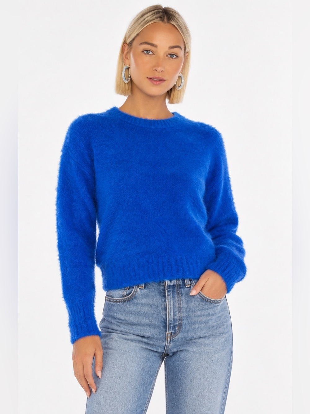 J.O.A. Los Angeles Fuzzy Crewneck Sweater Cobalt Blue Soft Knit Women Size S